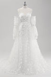 Vit A Line Sweetheart Applique Lace Bröllopsklänning med avtagbara ärmar