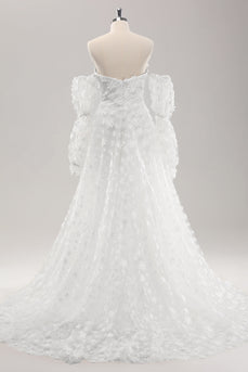 Vit A Line Sweetheart Applique Lace Bröllopsklänning med avtagbara ärmar