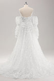 Vit A Line Sweetheart Applique Lace Bröllopsklänning med avtagbara ärmar