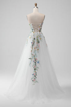 Vit A Line Axelbandslös 3D Blommor Tyll Bröllopsklänning med slits