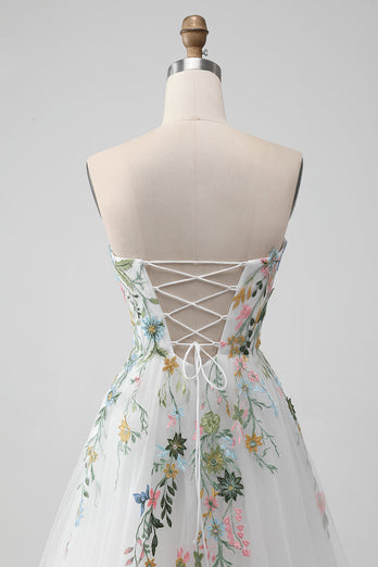 Vit A Line Axelbandslös 3D Blommor Tyll Bröllopsklänning med slits