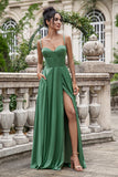 Eucalyptus A Line Spaghetti Straps Korsett Plisserad Satin Lång Brudtärna Klänning