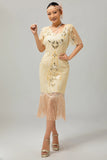 Glittrande Flapper Svart Gyllene Paljett Bodycon Fransade 1920-talet Klänning