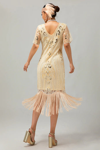 Glittrande Flapper Svart Gyllene Paljett Bodycon Fransade 1920-talet Klänning