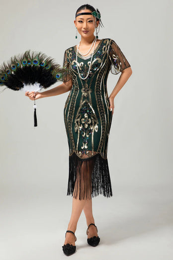 Glittrande Flapper Svart Gyllene Paljett Bodycon Fransade 1920-talet Klänning