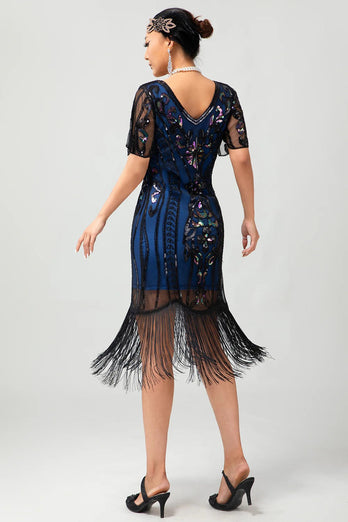 Glittrande Flapper Svart Gyllene Paljett Bodycon Fransade 1920-talet Klänning