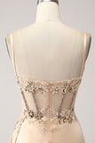 Elegant Champagne Mermaid Plisserad Satin Prom Klänning Med Applikationer