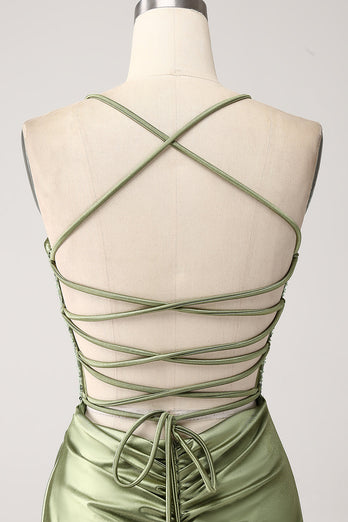 Armégrön sjöjungfru halsringning paljetter lång balklänning med slits