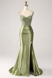 Mermaid Sage Spaghetti Straps Lace-up Back Prom Klänning Med Slits