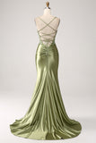 Mermaid Sage Spaghetti Straps Lace-up Back Prom Klänning Med Slits