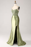 Mermaid Sage Spaghetti Straps Lace-up Back Prom Klänning Med Slits