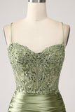 Mermaid Sage Spaghetti Straps Lace-up Back Prom Klänning Med Slits