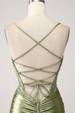 Mermaid Sage Spaghetti Straps Lace-up Back Prom Klänning Med Slits