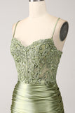 Mermaid Sage Spaghetti Straps Lace-up Back Prom Klänning Med Slits