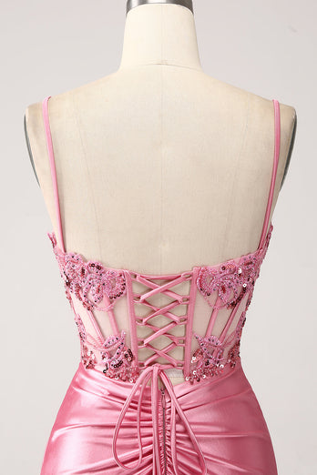 Rosa sjöjungfru spaghetti remmar paljetter korsett balklänning med slits
