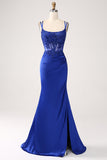 Royal Blue Mermaid Korsett Pärlstav Lång Balklänning med slits