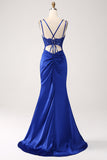 Royal Blue Mermaid Korsett Pärlstav Lång Balklänning med slits