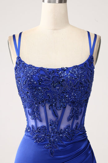 Royal Blue Mermaid Korsett Pärlstav Lång Balklänning med slits