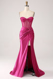 Fuchsia Mermaid Sweetheart Plisserad Lång Korsett Satin Prom Klänning Med Slits