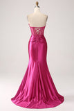 Fuchsia Mermaid Sweetheart Plisserad Lång Korsett Satin Prom Klänning Med Slits