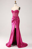 Fuchsia Mermaid Sweetheart Plisserad Lång Korsett Satin Prom Klänning Med Slits