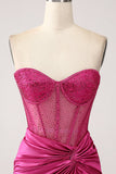 Fuchsia Mermaid Sweetheart Plisserad Lång Korsett Satin Prom Klänning Med Slits