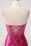 Fuchsia Mermaid Sweetheart Plisserad Lång Korsett Satin Prom Klänning Med Slits