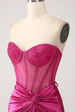 Fuchsia Mermaid Sweetheart Plisserad Lång Korsett Satin Prom Klänning Med Slits