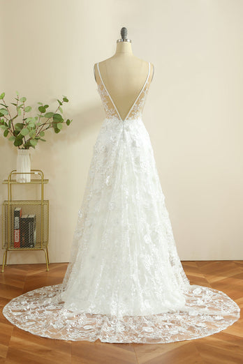 Vita Smala Axelband Boho bröllopsklänning med slits