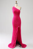 Glittrande sjöjungfru One Shoulder Fuchsia Paljetter Lång Balklänning med slits