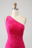Glittrande sjöjungfru One Shoulder Fuchsia Paljetter Lång Balklänning med slits