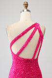 Glittrande sjöjungfru One Shoulder Fuchsia Paljetter Lång Balklänning med slits