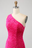 Glittrande sjöjungfru One Shoulder Fuchsia Paljetter Lång Balklänning med slits
