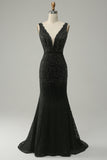 Mermaid Deep V Neck Black Lace Long Prom Dress med pärlor