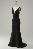 Mermaid Deep V Neck Black Lace Long Prom Dress med pärlor