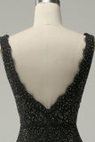 Mermaid Deep V Neck Black Lace Long Prom Dress med pärlor