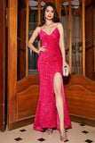 Glittrande Fuchsia Mermaid Spaghetti Straps V-ringad Paljett Lång Balklänning Med Split
