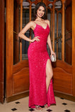 Glittrande Fuchsia Mermaid Spaghetti Straps V-ringad Paljett Lång Balklänning Med Split