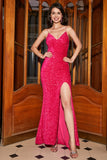 Glittrande Fuchsia Mermaid Spaghetti Straps V-ringad Paljett Lång Balklänning Med Split