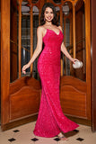 Glittrande Fuchsia Mermaid Spaghetti Straps V-ringad Paljett Lång Balklänning Med Split