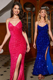 Glittrande Fuchsia Mermaid Spaghetti Straps V-ringad Paljett Lång Balklänning Med Split