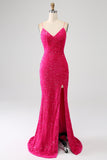 Glittrande Fuchsia Mermaid Spaghetti Straps V-ringad Paljett Lång Balklänning Med Split