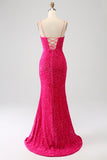 Glittrande Fuchsia Mermaid Spaghetti Straps V-ringad Paljett Lång Balklänning Med Split