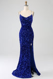 Glittrande Royal Blue Mermaid Spaghetti Straps V-ringad Paljett Lång Balklänning Med Split