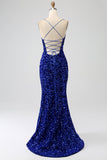 Glittrande Royal Blue Mermaid Spaghetti Straps Paljett Lång Balklänning Med Split
