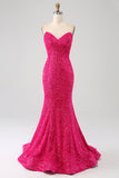 Bling Mermaid Älskling Hot Pink Paljetter Lång Balklänning