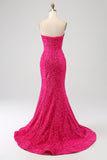 Bling Mermaid Älskling Hot Pink Paljetter Lång Balklänning