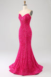 Bling Mermaid Älskling Hot Pink Paljetter Lång Balklänning