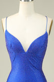Sexig V-ringad Blå Spaghetti Straps Homecoming Klänning Med Beading