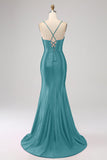Fantastisk Svart Mermaid Spaghetti Straps Korsett Prom Klänning Med Split Front